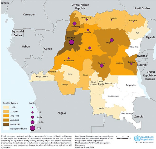 Geographic distribution of reported mpox cases, the Democratic Republic of the Congo, 1 January to 26 May 2024 (n=7 851)