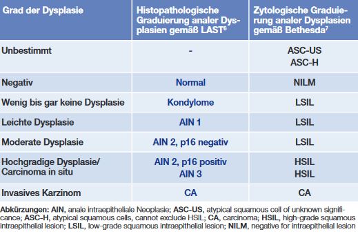 Tab. 1 In dieser Tabelle werden einerseits die zytologischen sowie die histologischen Dysplasiegrade angeführt und gegenübergestellt